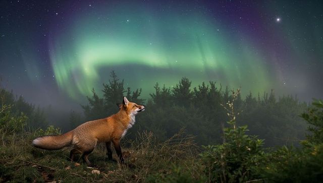 Red fox gazing at aurora borealis over misty pine ridge night wildlife landscape starry sky