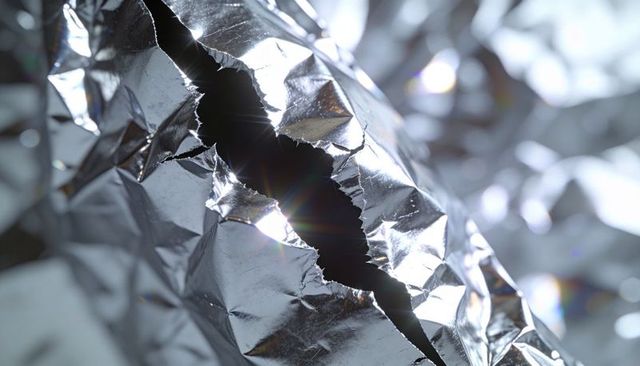 Jagged tear in crumpled aluminum foil revealing specular highlights and iridescent glow