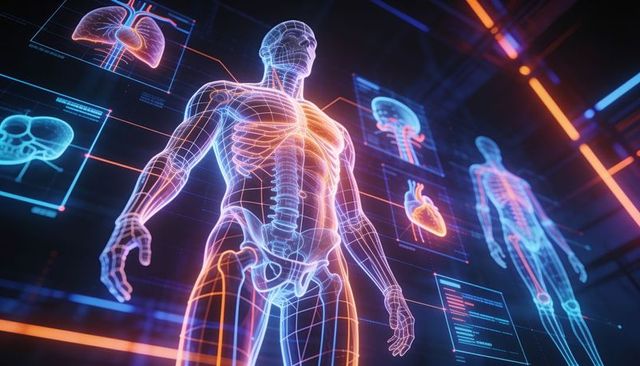 Holographic human anatomy displaying skeletal spine, organs and neural systems in neon grid