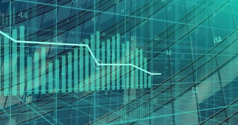 Futuristic data visualization with bar and line chart on digital interface