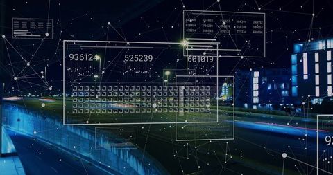 Futuristic data overlaying night highway with neon light trails and connected digital grid