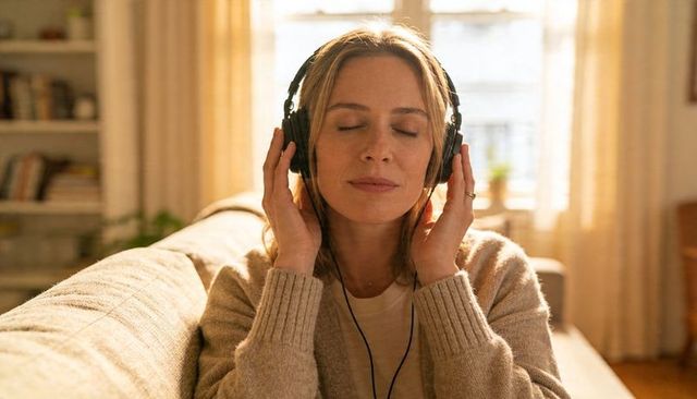 Woman relaxing with headphones on sunlit sofa enjoying calm music and mindfulness