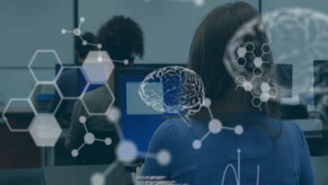 Students Analyzing Data with Digital Brain and Interface Graphics