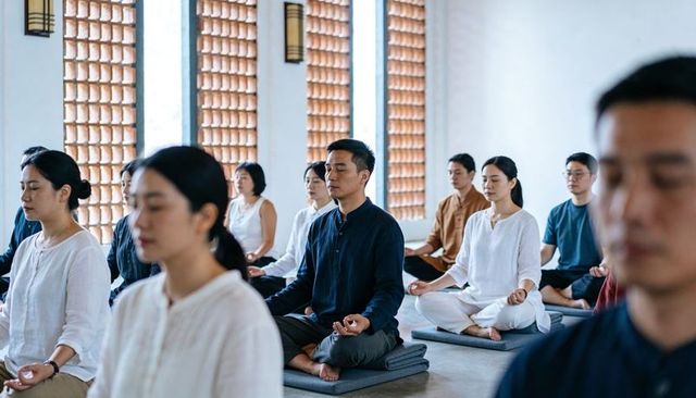 Asian adults meditating on cushions in minimalist meditation hall with natural daylight
