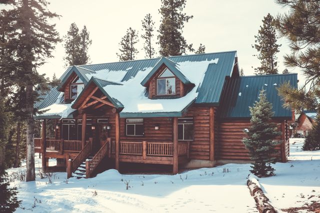 Wooden cabin surrounded by snow-covered trees in a forest. Idyllic winter retreat perfect for seasonal holidays, travel brochures, outdoor activity promotion, and vacation rentals.