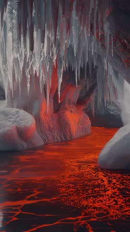 Vertical video showing glowing lava river flowing through icy cavern illuminating icicles