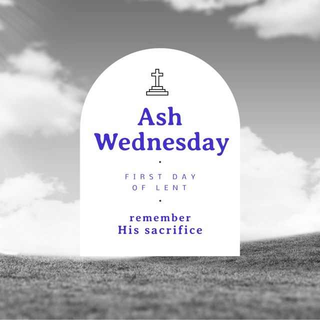 Text emphasizing Ash Wednesday with focus on faith and reflection nestled in serene gray landscape. Useful for religious organizations promoting lent, church bulletins, spiritual newsletters, or educational content discussing Christian practices and events.