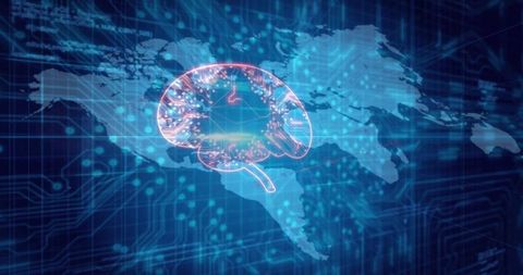 Futuristic Brain with Circuit Overlay on World Map