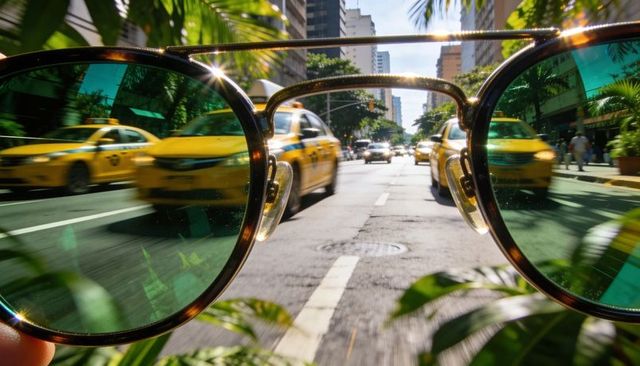 Green-Tinted Sunglasses Framing City Avenue with Motion-Blur Yellow Taxis and Palm Reflections