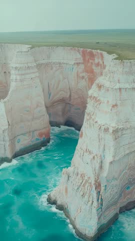 Vertical drone video panning over chalk cliffs into turquoise ocean with grassy plateau