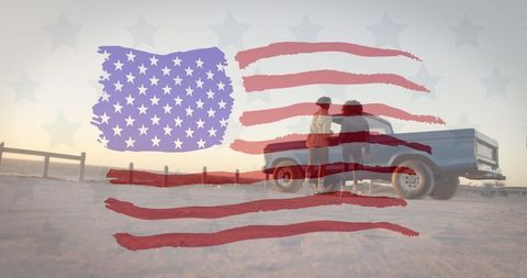 American Flag and Biracial Couple at Beach Highlighting Diversity