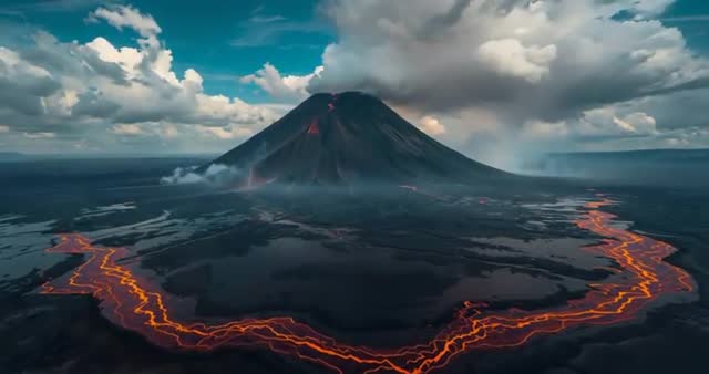 Majestic Volcano Eruption with Glowing Lava Streams