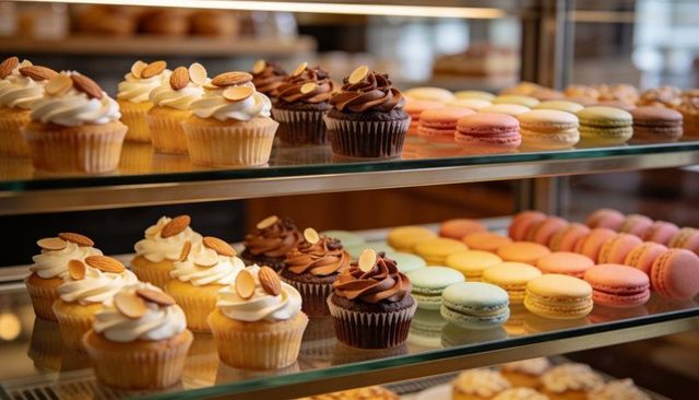 Displaying assorted cupcakes and pastel macarons in glass bakery case with warm lighting