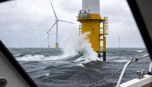Storm waves crashing on yellow offshore wind turbine support with vessel framing