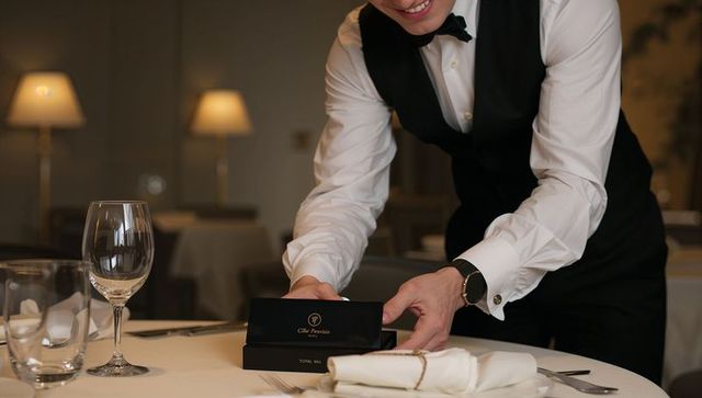 Formal waiter in tuxedo placing black gift boxes on elegant dining table with wine glass and linen n