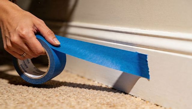 Woman pressing blue painter's tape along white baseboard for clean paint edges and trim