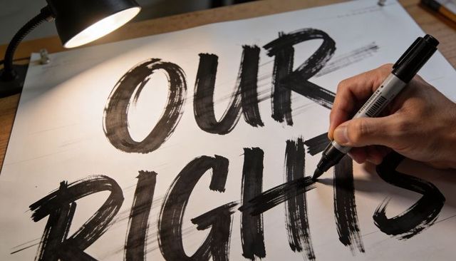 Hand painting bold brush lettering 'our rights' on poster using marker and studio lamp