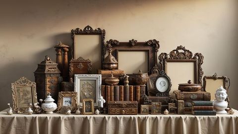Vintage elegance: antique frames, books, and bust