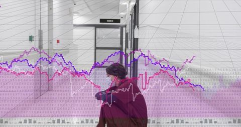 Sitting masked patient in hospital corridor with medical data visualization and analytics