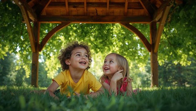 Playful children lying on grass under wooden pavilion laughing and gazing upward