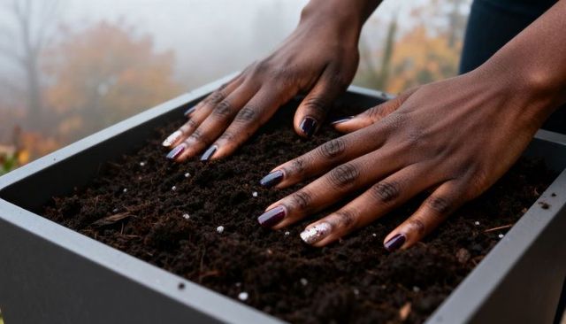 Woman pressing potting soil in balcony planter with manicured nails and perlite