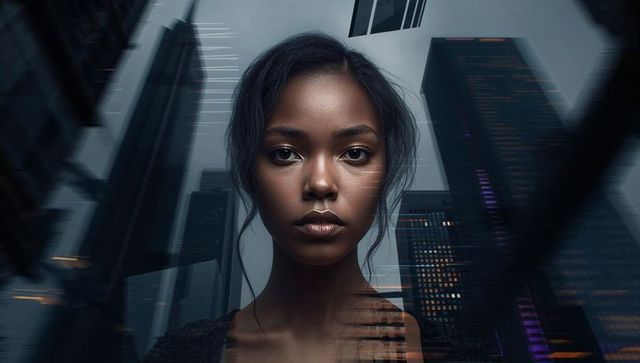 Holding steady gaze futuristic urban portrait blending woman face with skyscraper overlays