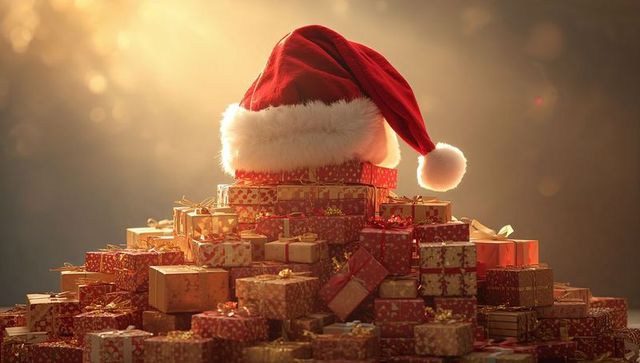 Stacking festive gift boxes forming pyramid with Santa hat glowing in warm golden bokeh