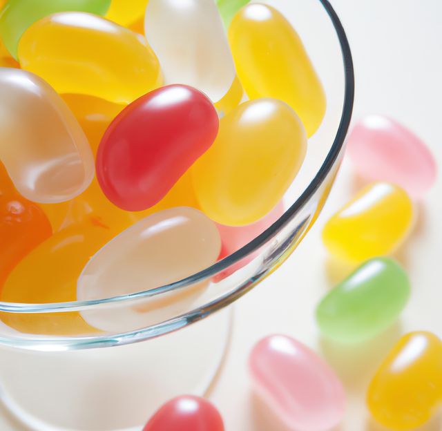 Image shows various colorful jelly beans in a clear glass bowl on a white background. Candies scattered around the bowl add to the vibrant and fun composition. Perfect for articles, blogs, or advertisements related to candy, confectionery businesses, children’s parties, or bright and cheerful themes.
