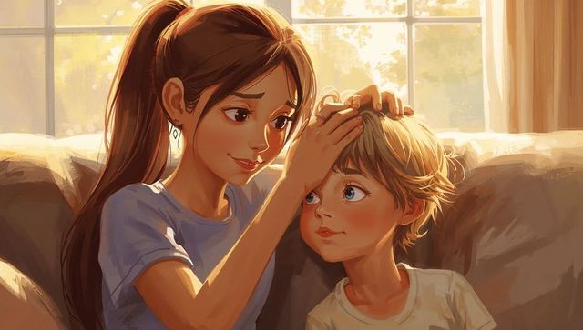 Tender golden-hour family moment: woman gently stroking child on sunlit living room couch