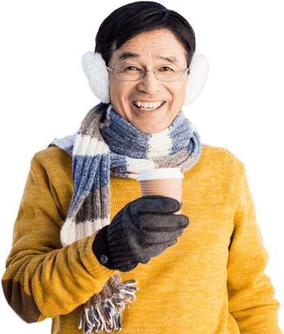 Older Man Enjoying Coffee in Winter, Wearing Transparent Warm Clothing With Smile