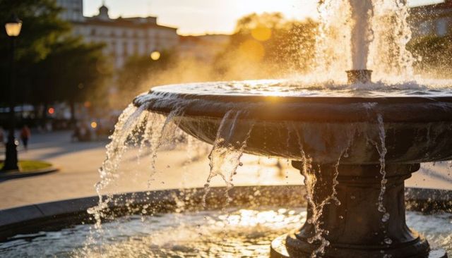 Golden-hour flowing stone fountain spilling cascading water at urban plaza with lens flare