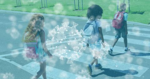Children Crossing Road with COVID-19 Overlay