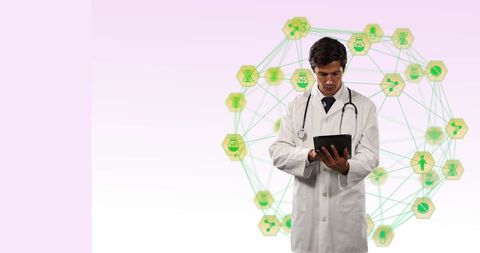 Doctor Using Digital Tablet with Medical Network Technology