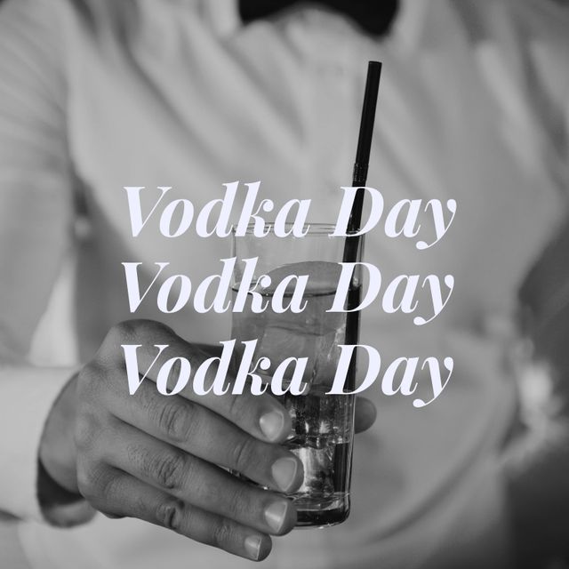 Composition of vodka day text over caucasian male barman with drink. Vodka day and celebration concept digitally generated image.