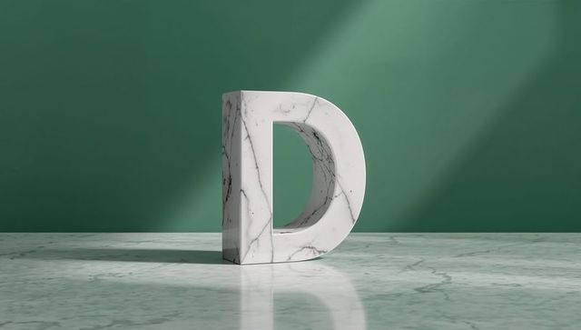 3D Marble Letter D on Polished Surface with Green Backdrop