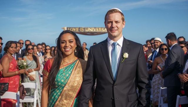 Multicultural beach wedding couple walking down aisle smiling bride in green sari groom