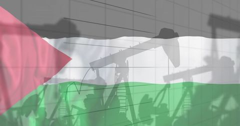 Oil drilling and financial data over palestine flag