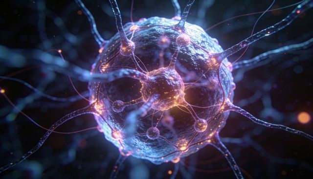 Glowing neuron soma with branching filaments and synaptic nodules, neural visualization