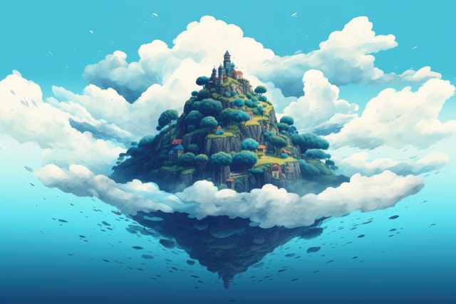 Floating island with a castle surrounded by lush trees and white clouds in a serene, blue sky. Ideal for fantasy novels illustrations, artwork for storytelling, video games, imaginative decor, or backgrounds for fairy-tale themes.