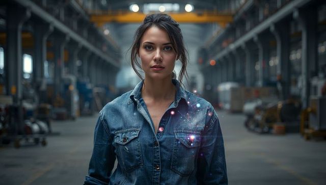 Woman standing in factory hall wearing denim shirt with glowing particles and gantry crane