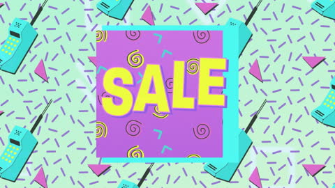 Vibrant Retro Sale Banner with Phones and Abstract Shapes
