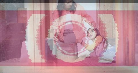 Expecting mother holding pregnant belly while daughter cuddling on pink bed with glitch overlay