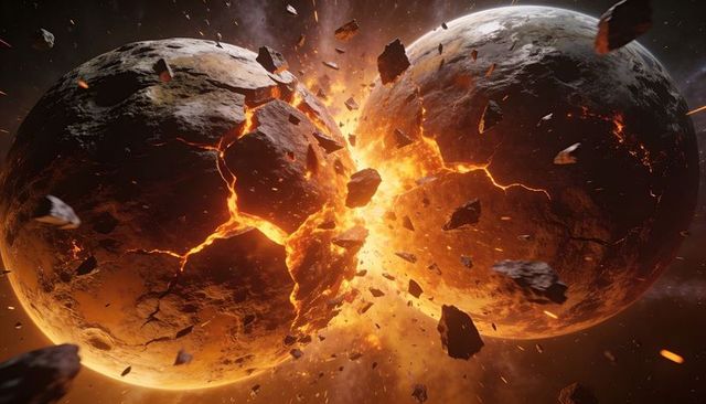 Colliding rocky planets producing molten impact glow and fiery debris in deep space