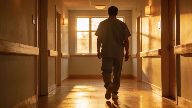 Healthcare worker walking down sunlit corridor in scrubs at golden hour, serene backlit