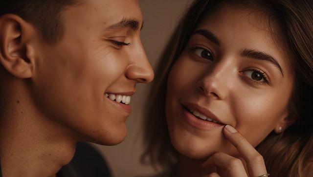 Young couple sharing intimate close moment, smiling man leaning toward thoughtful woman