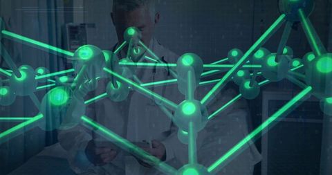 Senior doctor studying tablet with holographic molecular network overlaying clinical exam room