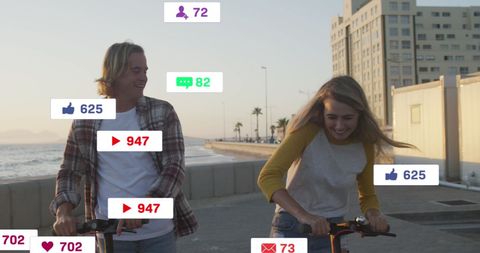 Young Couple Riding Scooters with Social Media Notifications
