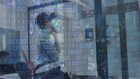 Futuristic Data Overlay on Businessman in Modern Office