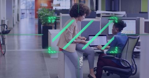 Colleagues Collaborating on Project with Futuristic Overlay