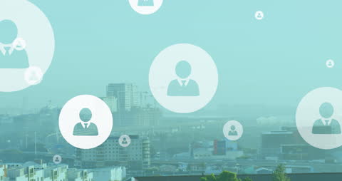 Floating Profile Icons Over Urban Cityscape Illustrating Digital Networking